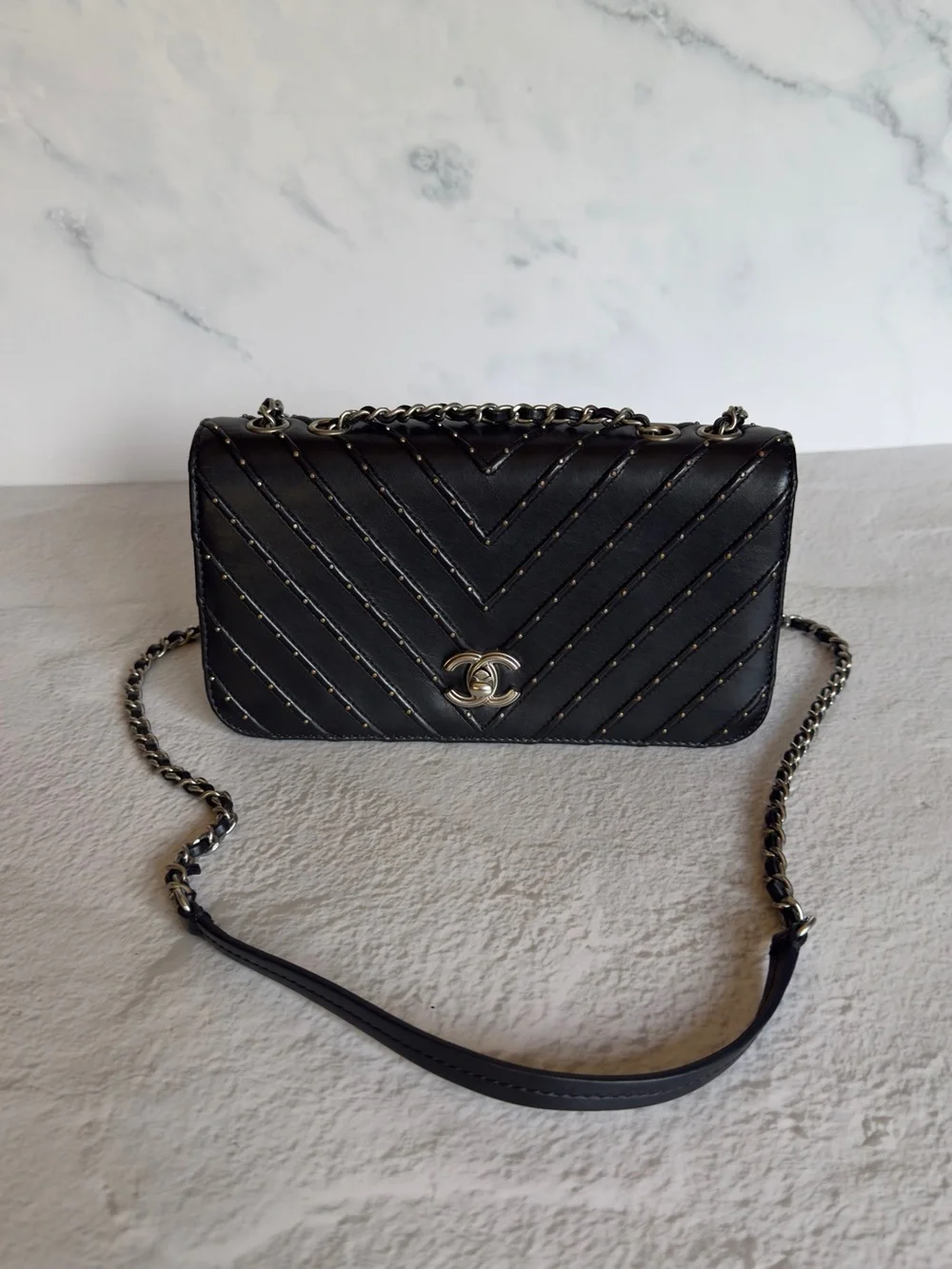 CHANEL Stud Wars Black Chevron Flap Bag Silver HW Rare